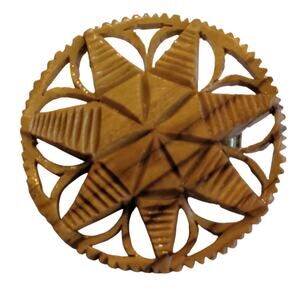 Hand Carved Wood Star Pin Brooch 1.5" Round Folk Art Geometric Design Vintage